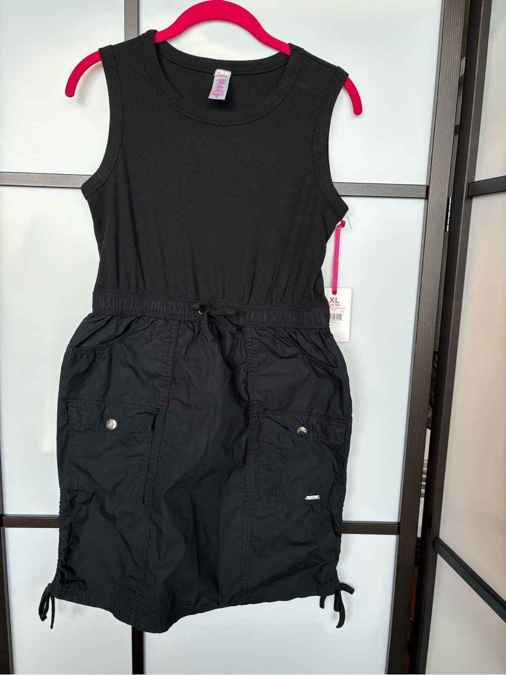 Justice Girls Black Sleeveless Dress XL 16-18 NWT Cargo Pockets Adjustable Hem
